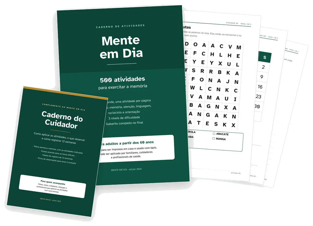 Capa verde do caderno Mente em Dia ao lado da capa do bônus Caderno do Cuidador e de três páginas de atividades impressas.