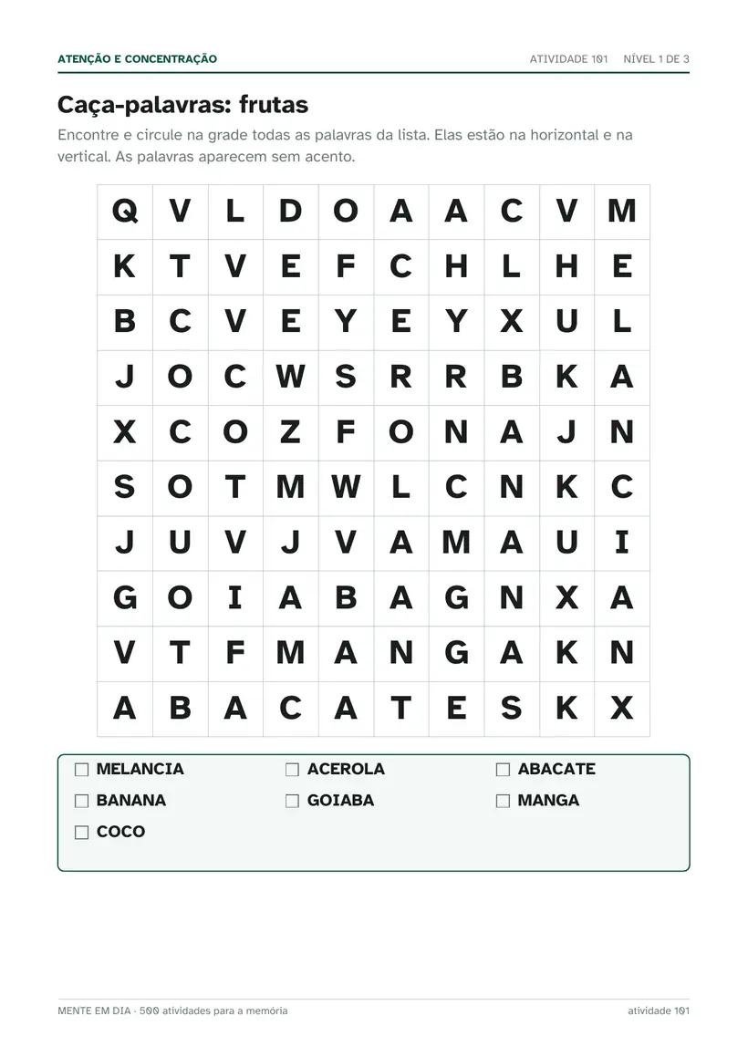 Página de atividade: caça-palavras de frutas, com grade de letras e lista de palavras para circular.