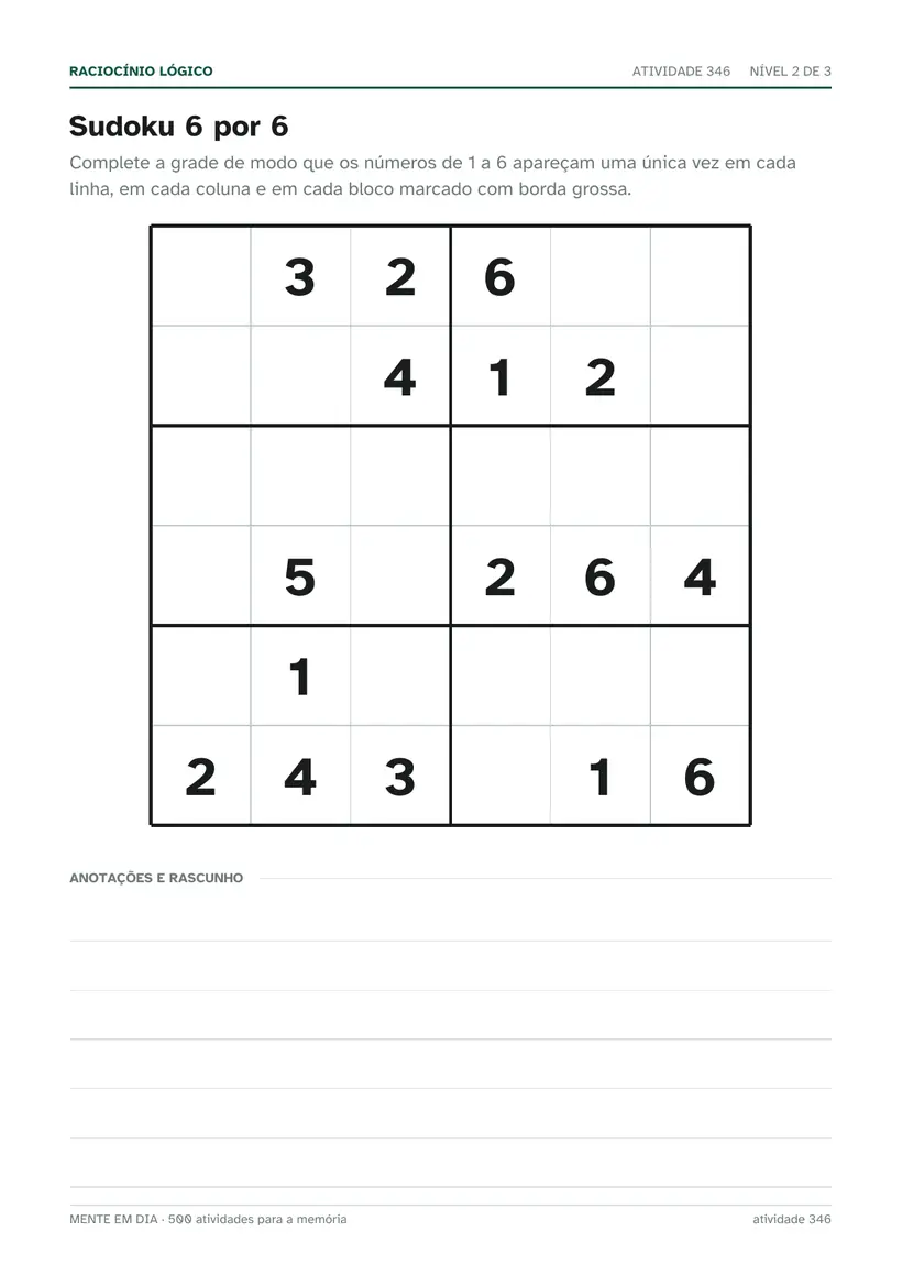 Página de atividade: sudoku de seis por seis, com parte dos números preenchidos e espaço para rascunho.